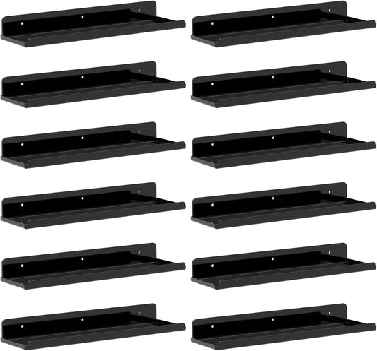 Lifewit Floating Shelves for Wall, 12 Pack Black Acrylic Shelf 15" Room Decor for Bookcase/Vinyl Record Display/Photo/Picture in Bedroom, Living Room, Bathroom, Kitchen Storage and Organization