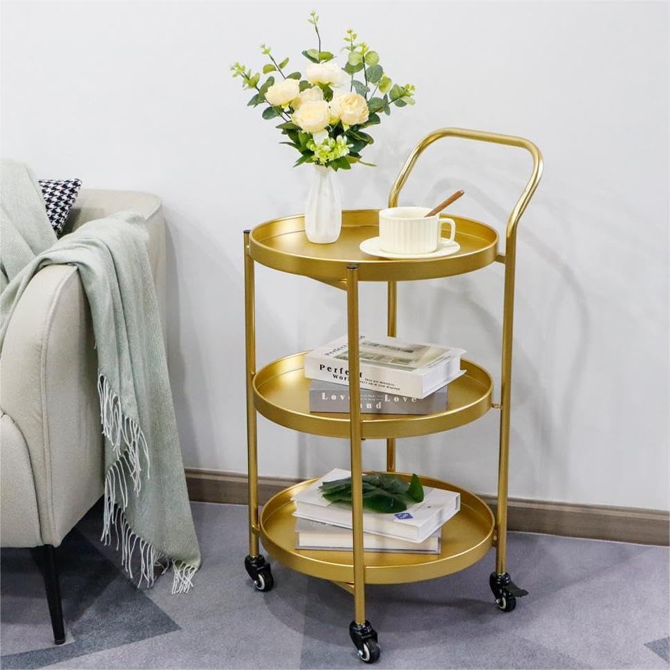 TRIROCKS 18 * 31" H Round Gold 3-Tier Rolling Bar Cart with Wheels Elegant Metal Frame Serving Cart for Kitchen, Dining Room, or Living Room Display and Storage