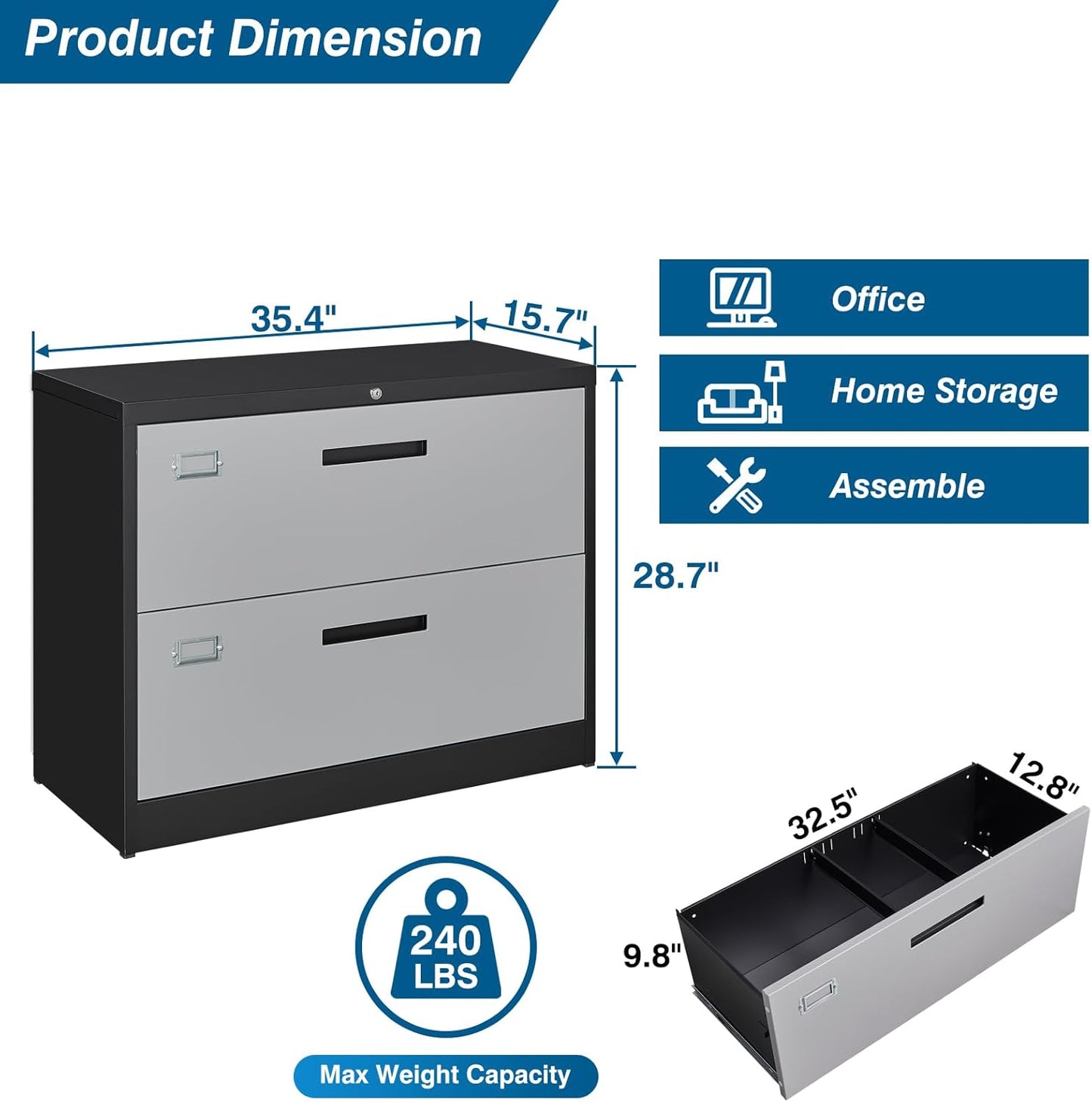 2 Drawer File Cabinet, Lateral Filing Cabinets for Home Office, Office Storage Drawers with Lock, Hanging Files Legal/Letter A4 Size (Assemble Required,Black Grey)