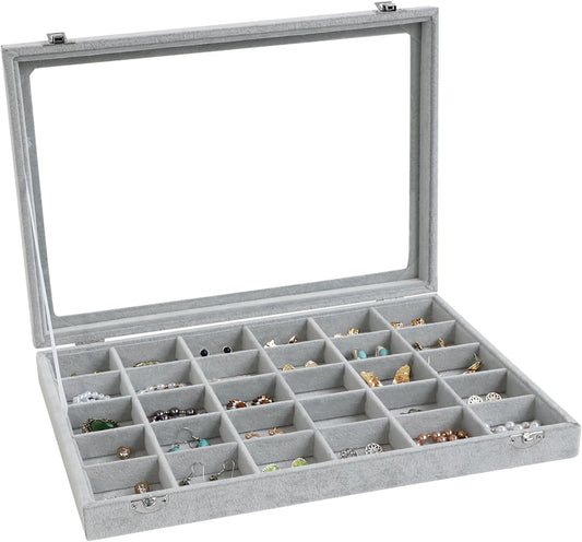 Wudygirl 30 Grid Jewelry Organizer Velvet Jewelry Box Jewelry Tray with Clear Lid Storage Case Showcase Display Stackable Removable (30 Grid)