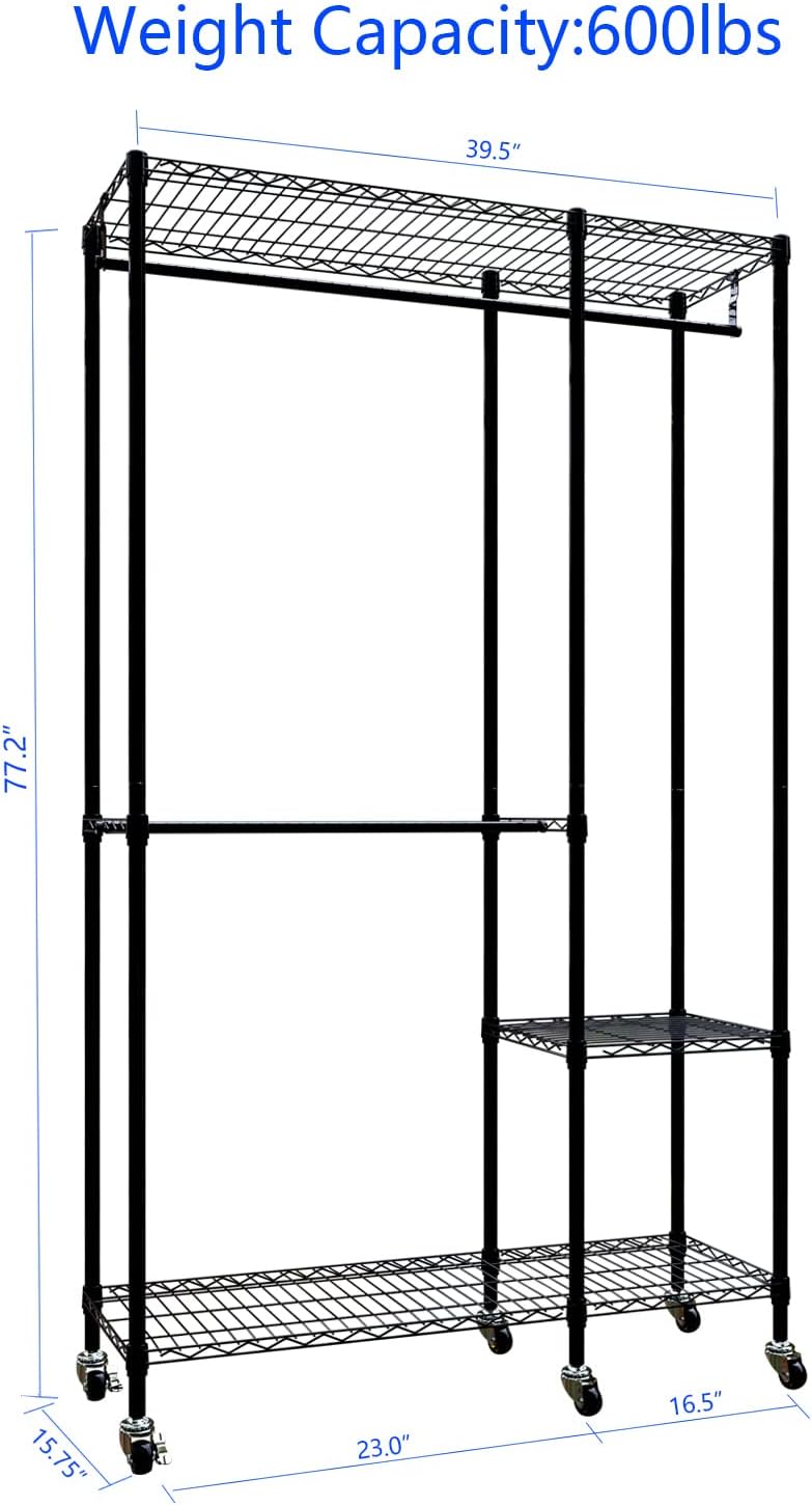 Portable Closets Heavy Duty Garment Rack Adjustable Rolling Clothes Rack with Lockable Wheels, Metal Wire Clothing Rack,Freestanding Open Wardrobe Closet Storage Rack,Max Load 600LBS, Black