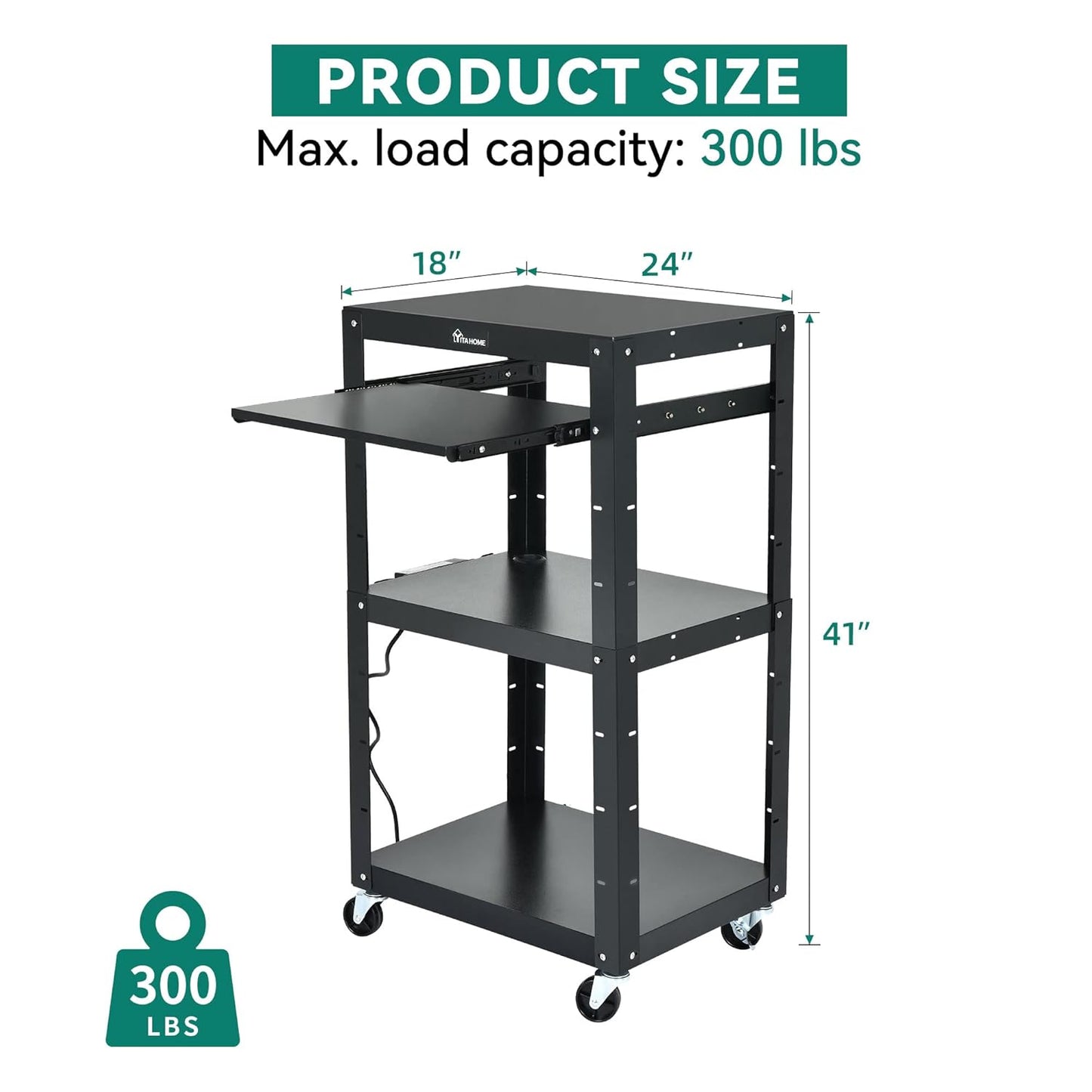 YITAHOME AV Cart on Wheels, 3-Shelf Metal Presentation Utility Cart with Keyboard Tray and Power 16.4ft Extra-Long Cord, Rolling Storage Cart with Adjustable Shelves for Offices, Warehouses, Black