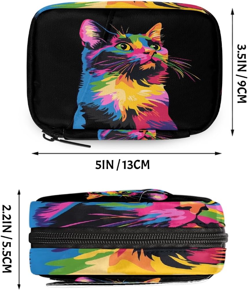 Abstract Art Colorful Cat Pill Organizer Travel Medicine Case with Zipper Daily Vitamin Storage Bag Portable 8 Slot Weekly Pill Box Supplement Holder for Home Office Gym Travel