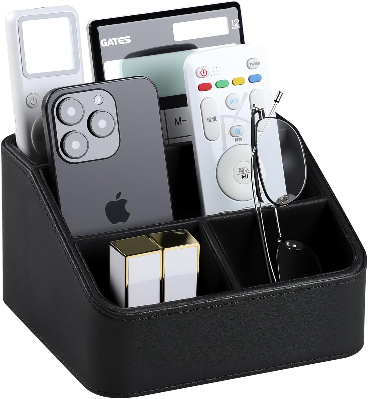 Remote Control Holder, PU Leather Small Desk Organizer with 4 Compartments, Nightstand Organizer Desk Caddy for Remote, Notepad, Phone, Glasses, and Accessories (Black)