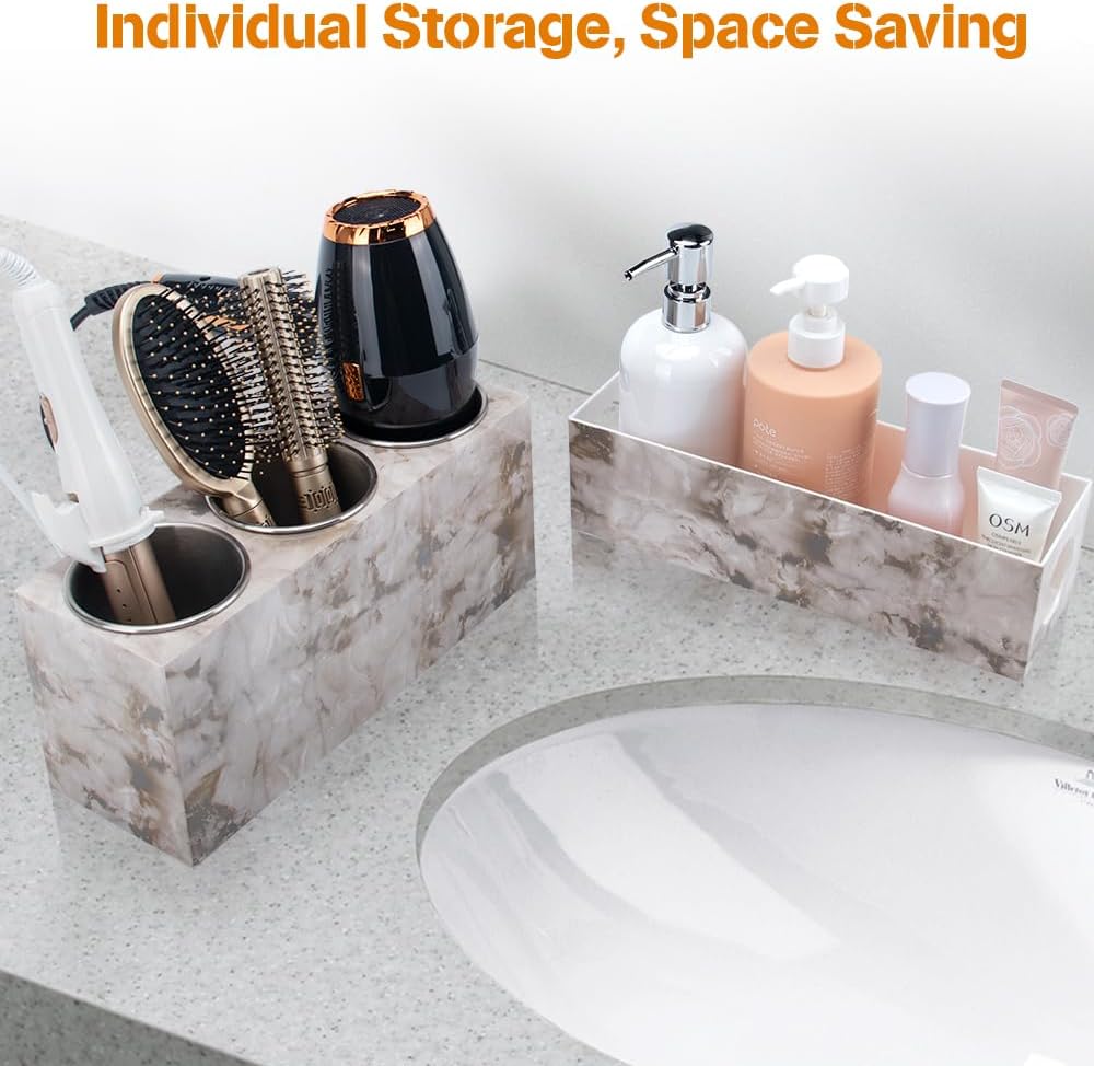 Marble Hair Tool Organizer - Bathroom Vanity Storage for Hot Tools, Hair Dryer, Curling Iron, Flat Iron & Straightener