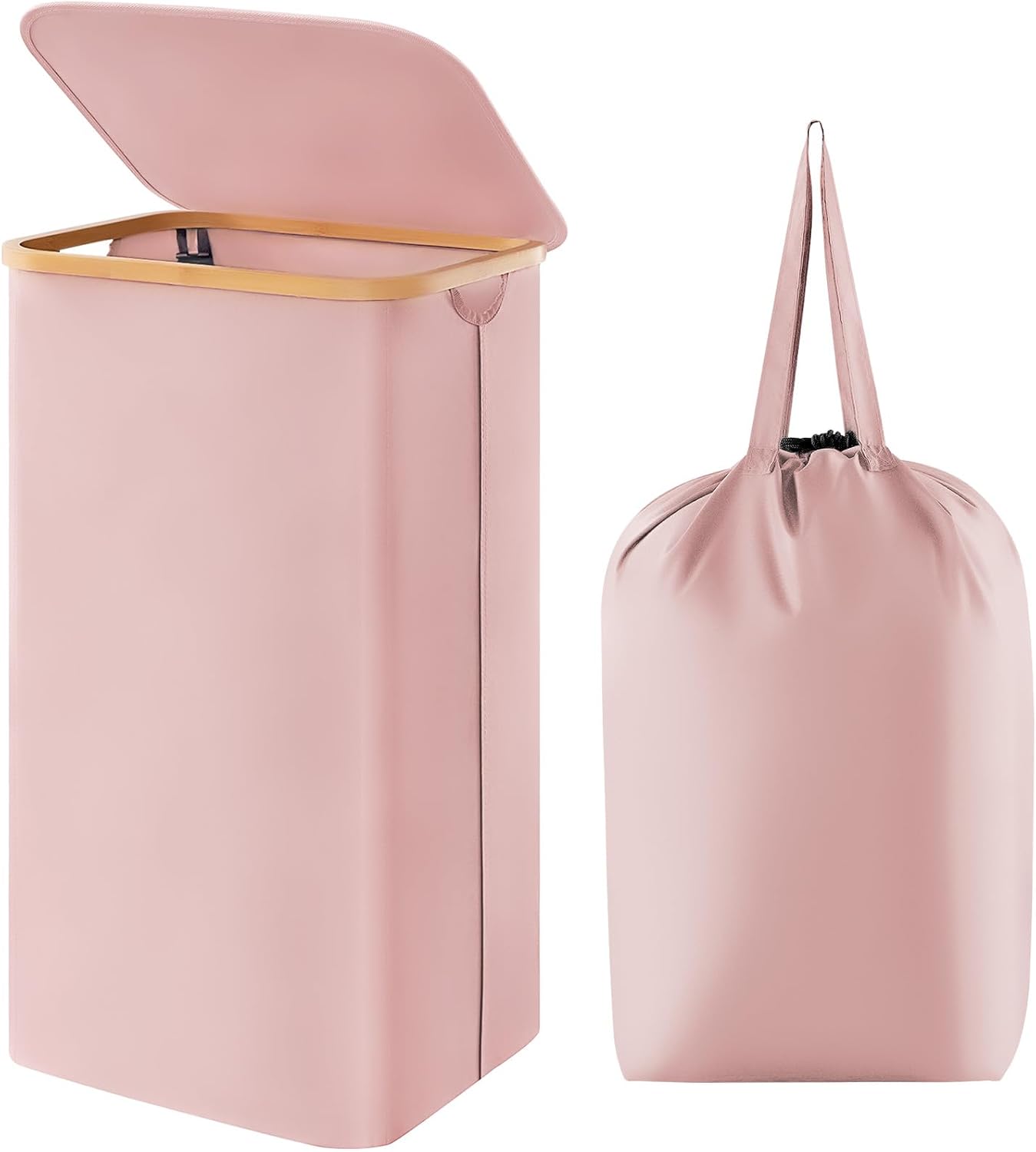 Lifewit 100L Laundry Basket with Lid, Clothes Hampers for Laundry with Bamboo Handles and A Removable Laundry Bag, Large Foldable Hamper for Bedroom, Bathroom, Dorm, Laundry Room, Pink
