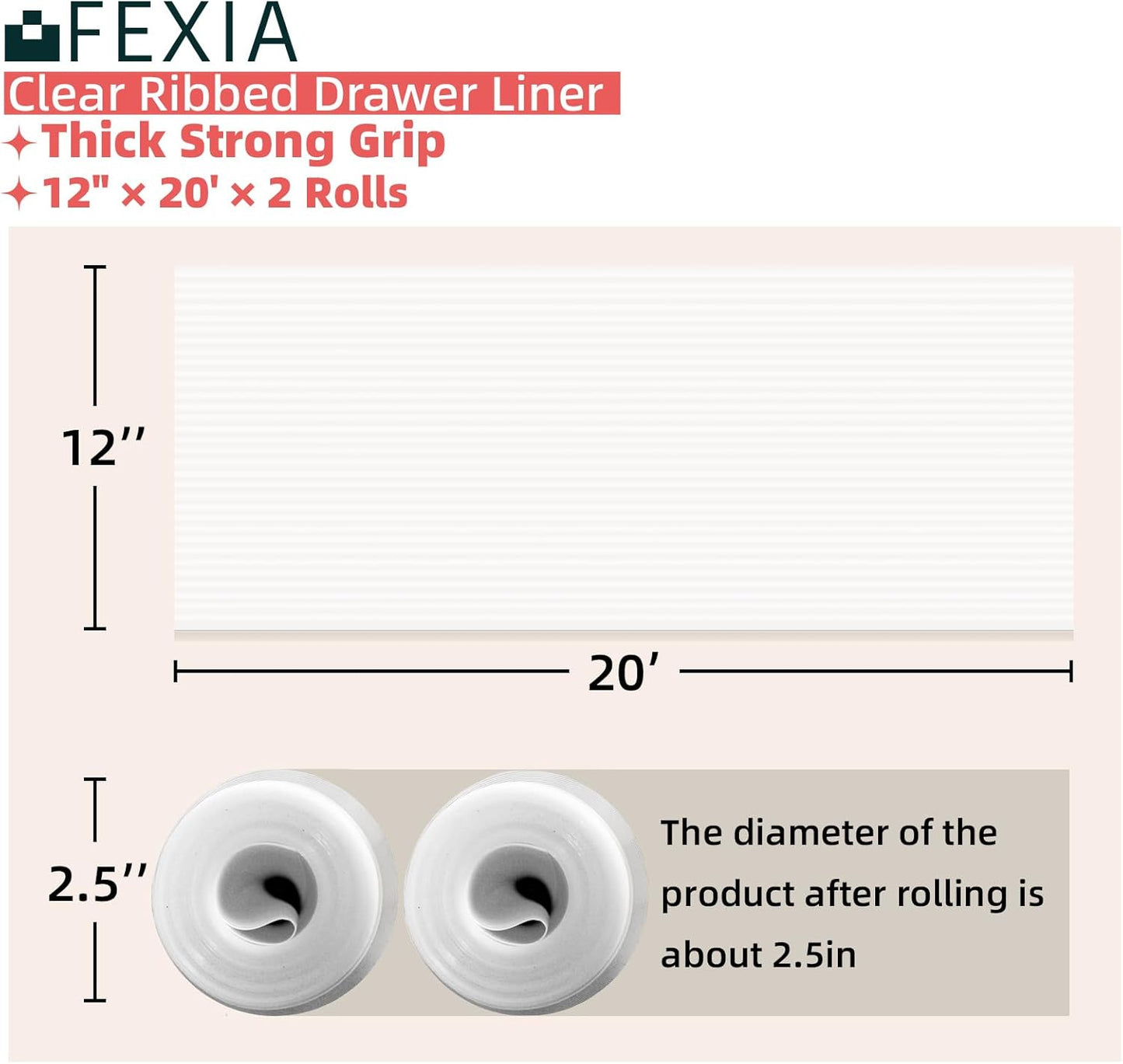 FEXIA 2 Rolls Shelf Liners for Kitchen Cabinets Non-Slip Drawer Liner 12 Inches x 20 FT Waterproof & Oil-Proof Non Adhesive Durable Material Fridge Liner for Shelves