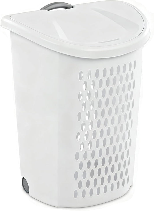 Large Capacity Laundry Basket with Wheels and Telescopic Handle - Ventilation Holes for Freshness - Portable Laundry Hamper for Apartments Dorm Rooms - White
