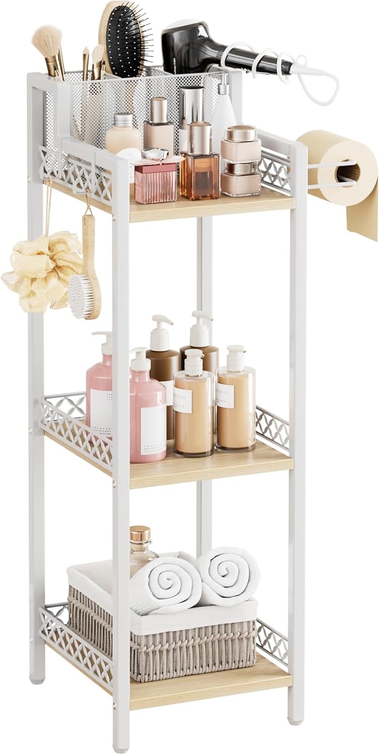 Slim Bathroom Storage Shelf Unit, 3 Tier Corner Storage, Rustic Makeup Organizer, Space-Saving Floor Standing Storage Shelves for Bathroom, Vanity,Kitchen, Laundry 9.85im Matte White