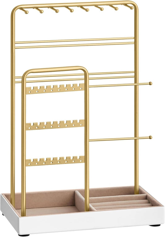 SONGMICS Jewelry Holder, Jewelry Organizer, Jewelry Display Stand with Metal Frame, Velvet Tray, Necklace Earring Bracelet Holder, for Studs, Rings, Christmas Gift, Pale Gold UJJS021A01