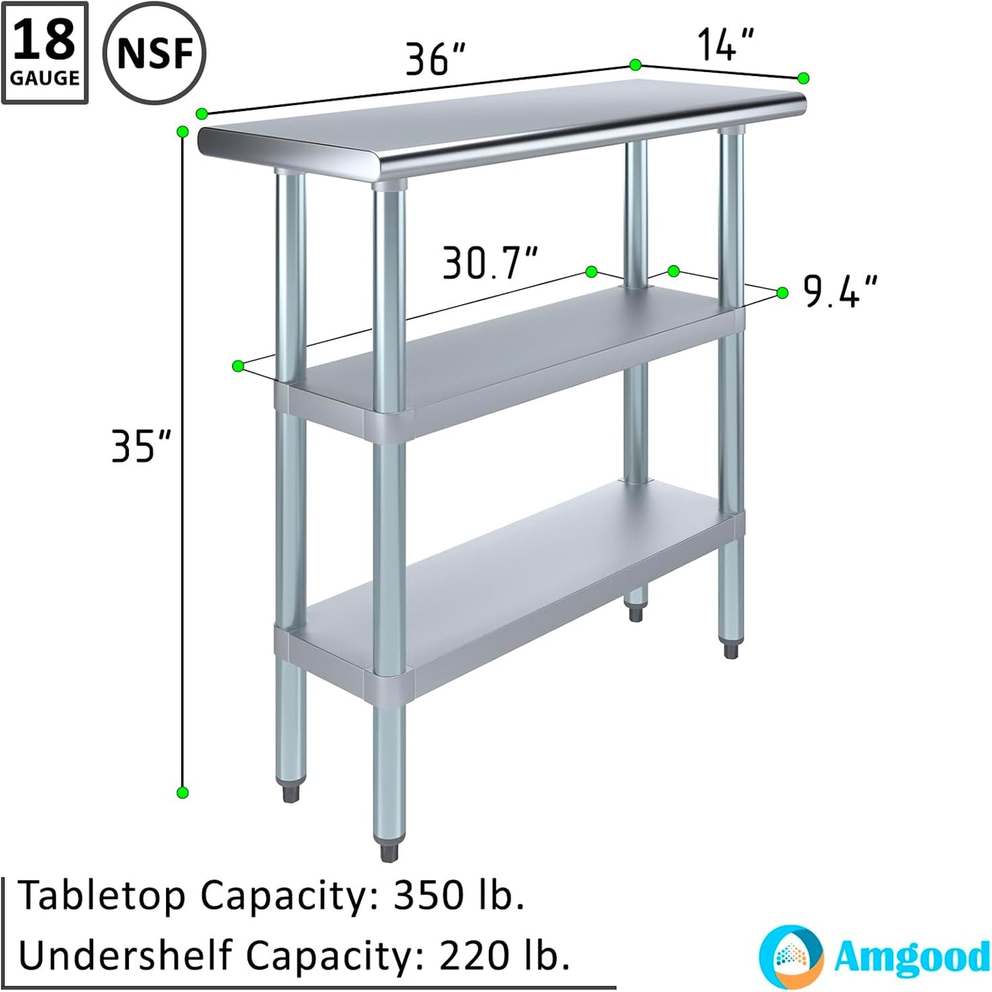AmGood Stainless Steel Work Table with 2 Shelves | NSF | Metal Utility Table (36" Long x 14" Deep)