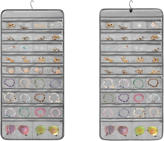 Travel Jewelry Organizer Dual Sided Hanging Earring Holder Bracelet Storage Rolls Rings Display Case with 68 Zippered Pockets (GREY)
