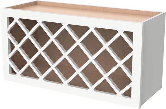 Solid Wood RTA Wine Bottle Rack Wall Cabinet with Lattice Panels - Wine Storage for Bar, Pantry, Cellar - Mocha (Origami White, 30'W 12'D 15'H)