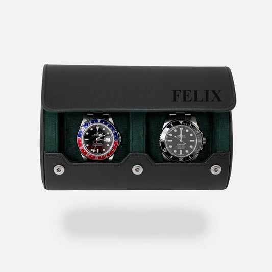 DailyWatch | Personalized Watch Roll Travel Case For 2 Watches - Handmade Genuine Leather Travel Case With Custom Engraving of Name or Initials - Black Green