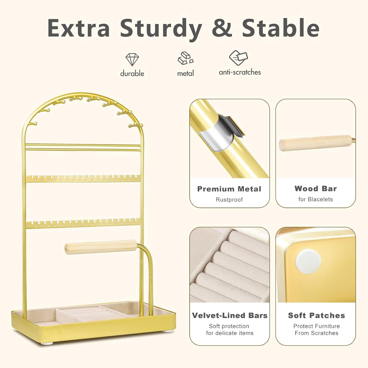 Multi-Functional Jewelry Holder Organizer Necklace Display Stand Velvet Lined Bar for Rings 2 Tier with 18 Hooks, 32 Earring Holes - Sturdy and Durable, Easy Organization Gold