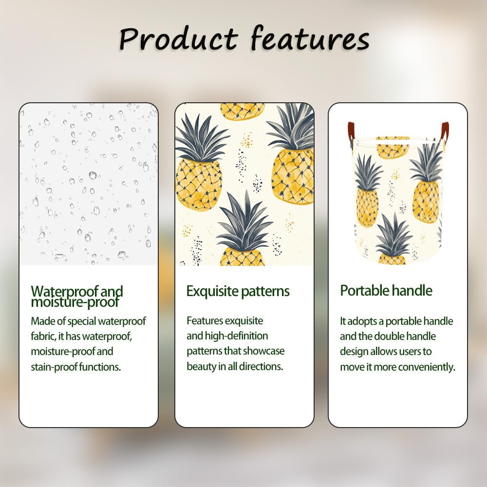 Laundry Baskets 15.7x19.7 Inch Pineapple Tropical Design Collapsible Laundry Hamper with Handles Oxford Fabric Clothes Storage Bin Foldable Dirty Clothes Organizer for Bedroom Bathroom Dorm