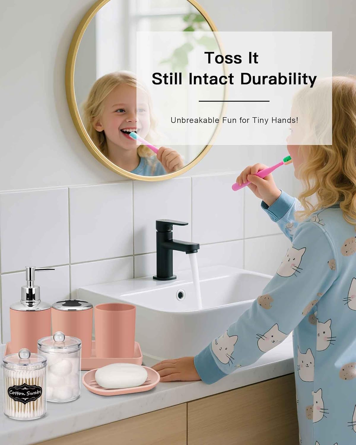 IMAVO Bathroom Accessories Set,Coral Pink Bathroom Set,9 Pieces Bathroom Accessory Set,Tray,Qtip Holders,Toilet Brush,Trash Can for Bathroom Décor and Home Gifts