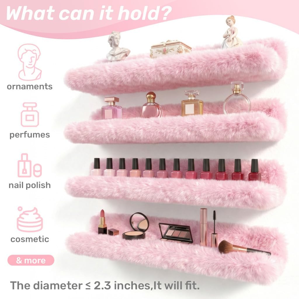 Care&More YJ 15 Inch Nail Polish Shelves, 4-Pack Fuzzy Display Nail Polish Rack for Storing Nail Bottles, Sunglasses, Essential Oils, Plush Soft Pink