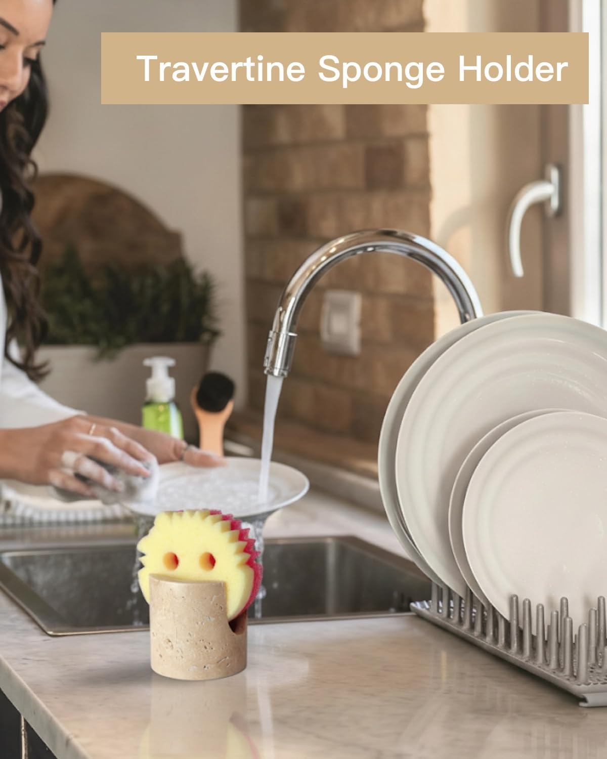 Luxury Travertine Sponge Holder – Fast-Drying, Rust-Proof Kitchen Sink Caddy, Non-Slip Base, Compact Stone Sponge Caddy for Kitchen Sink Counter, Perfect Gift for Modern & Farmhouse Homes, Beige