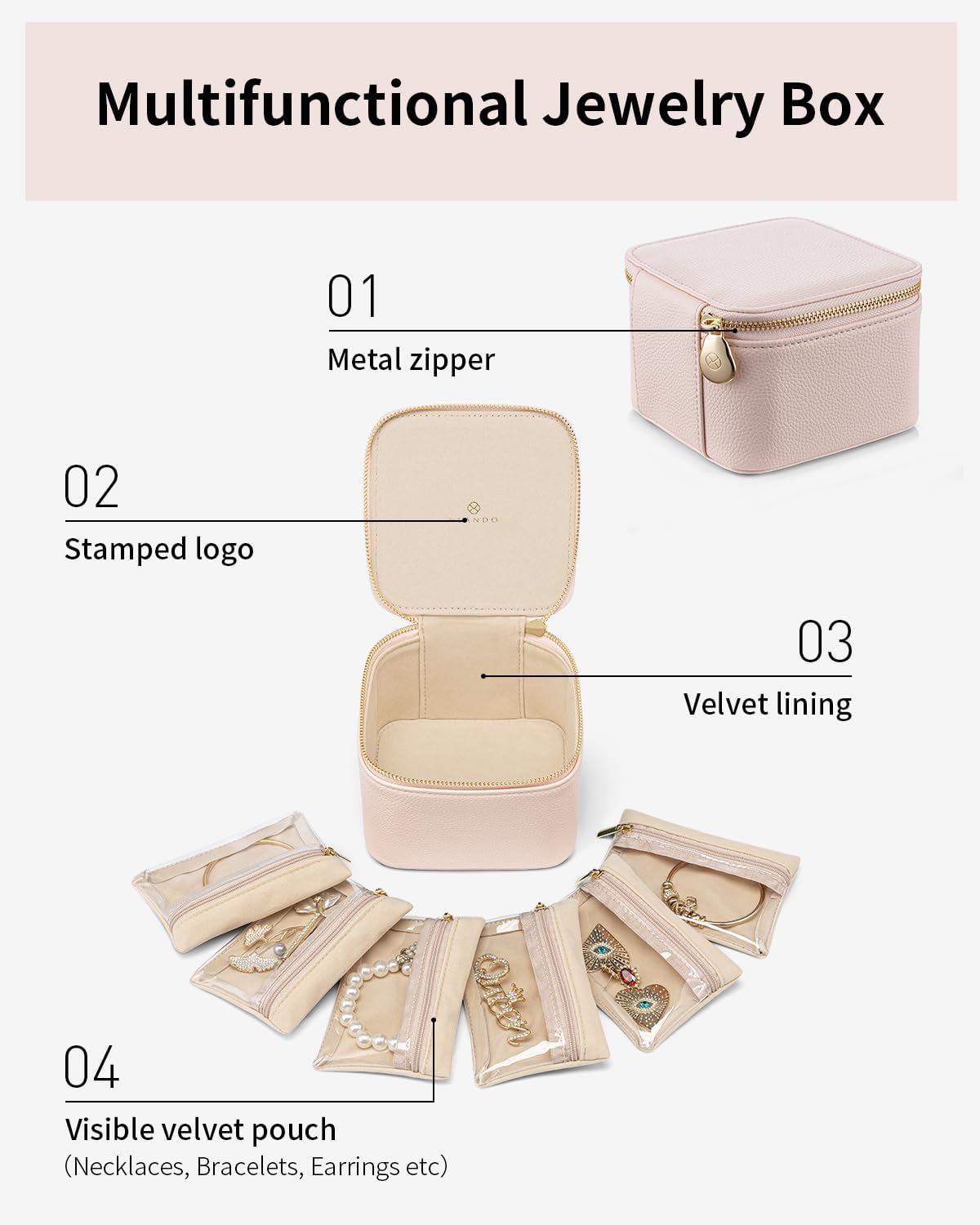 Vlando Jewelry Box with 6 Velvet Jewelry Bags Travel Jewelry Storage Box for Women Girl Jewelry Organizer Necklace Rings Earrings Bags Wedding Gifts Christmas Gifts for Women(Pink)