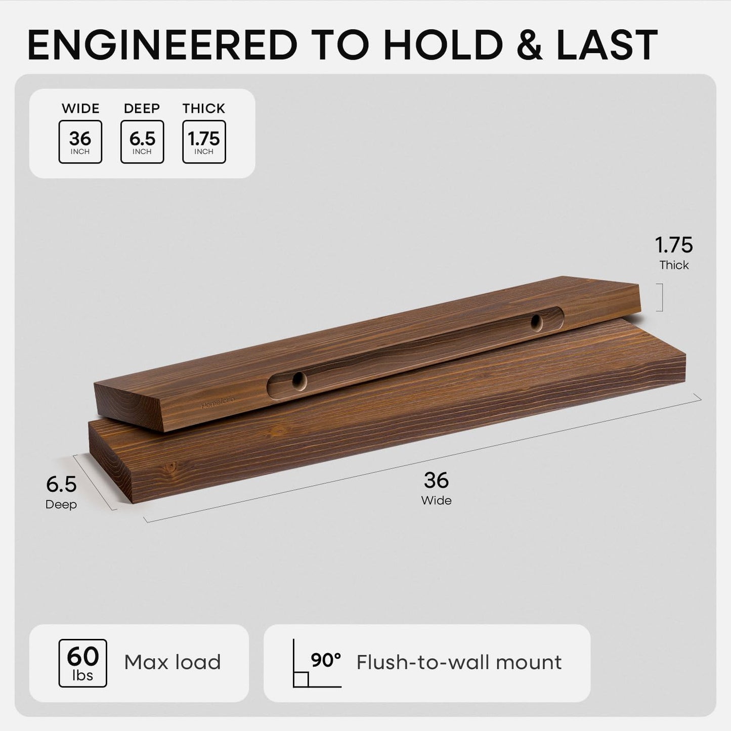 Homeforia Classic Walnut 36 inch Floating Shelf, High End Solid Real Wood Small 36inch Floating Shelves for Wall Mounted, 36in Floating Shelves, Heavy Duty Bracket, 36 X 6.5 X 1.75 inches, Set of 4