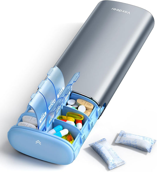 Vaydeer 7 Day Weekly Pill Organizer 2 Times a Day, Metal Am Pm Travel Pill Case, Large Capacity Twice Daily Cute Pill Box for Supplements, Pills, Vitamins and Medication (Gunmetal)