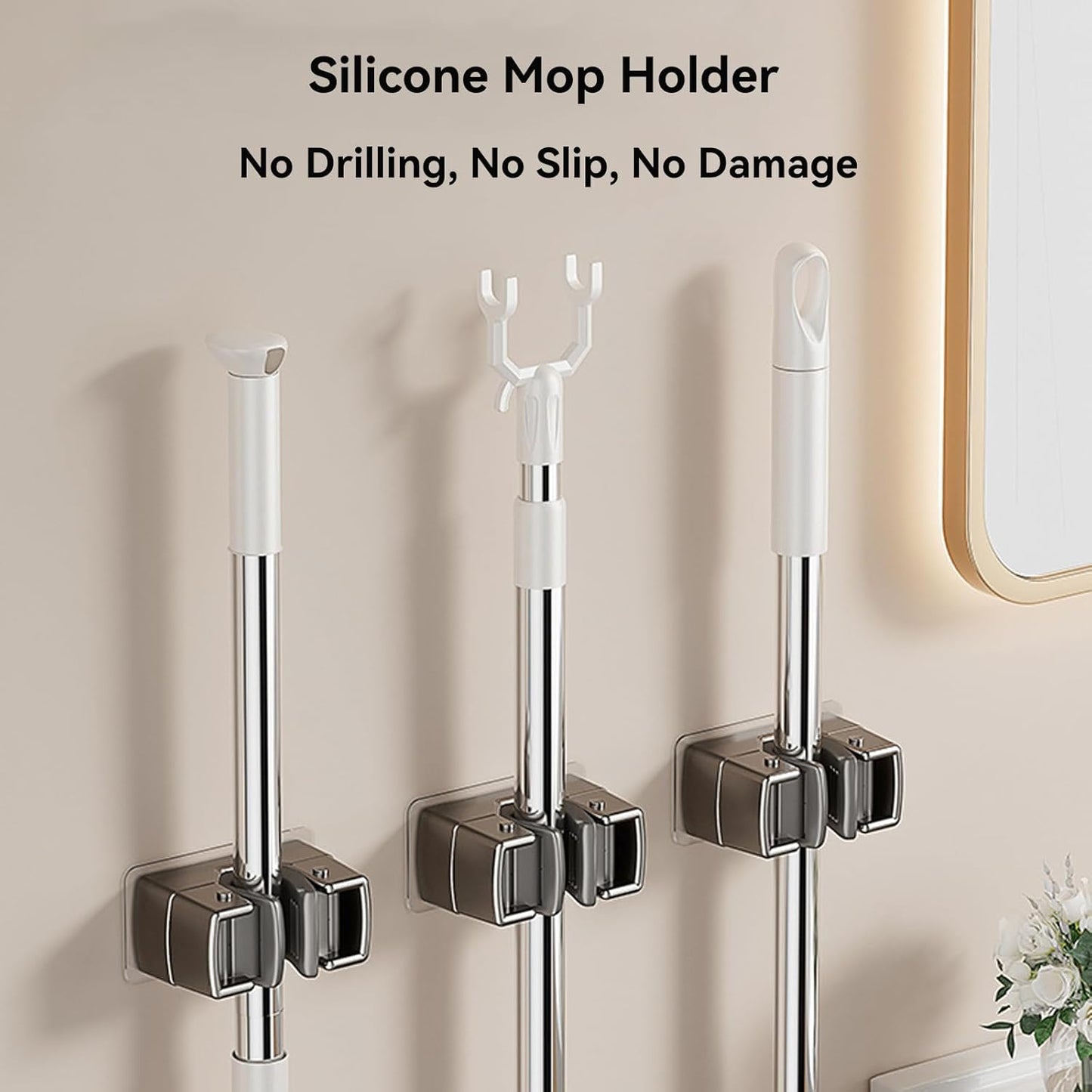 3 Pack Heavy Duty Mop Holder Wall Mount, Strong Adhesive Hanger for Broom Closet Organizer, Space Saving Utility Hooks for Bathroom Kitchen Garage Storage