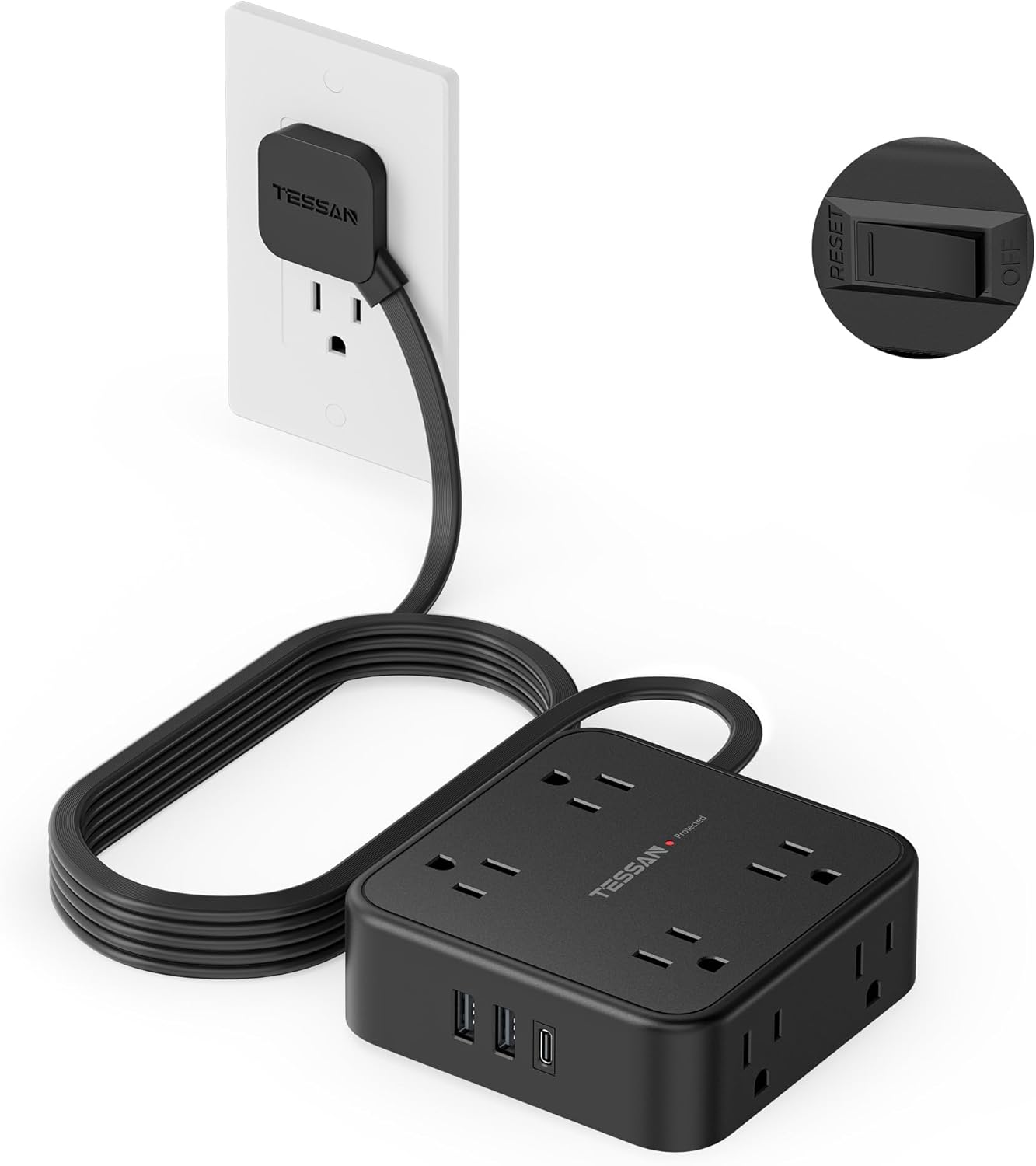 TESSAN 10 Ft Flat Plug Extension Cord with Multiple Outlets, Surge Protector Power Strip with 3 USB(1 USB C) 8 Outlets, 900J Protection, Desk Charging Station for Home, Office, Dorm Room, Black