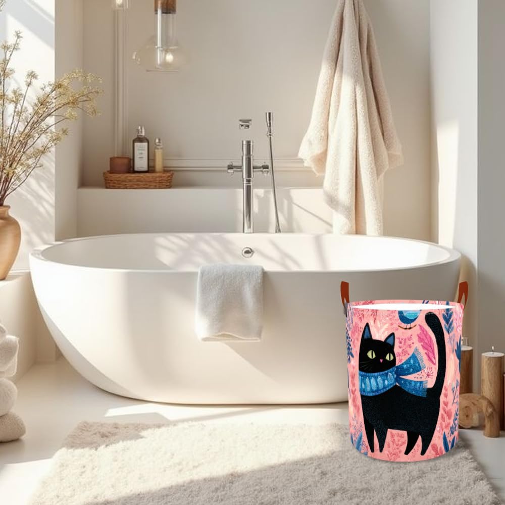 Laundry Baskets 15.7x19.7 Inch Large Black Cat Bird Floral Scarf Design Collapsible Laundry Hamper with Handles Oxford Fabric Clothes Storage Bin Foldable Dirty Clothes for Bedroom Bathroom Dorm
