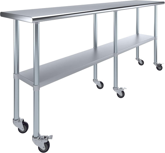 AmGood Stainless Steel Work Table with Casters | Heavy Duty Metal Utility Table On Wheels | Kitchen Island Cart (84" Long x 18" Deep)