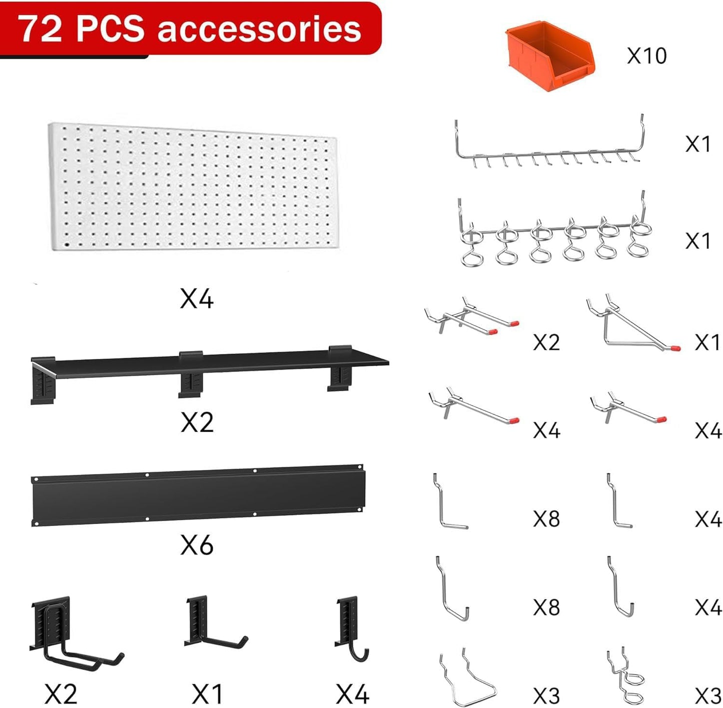 Ultrawall Pegboard Wall Organizer, 48 X 36 inch Garage Storage Pegboard with Hooks Storage Bins Tool Board Panel Tool Organizer, 72pcs