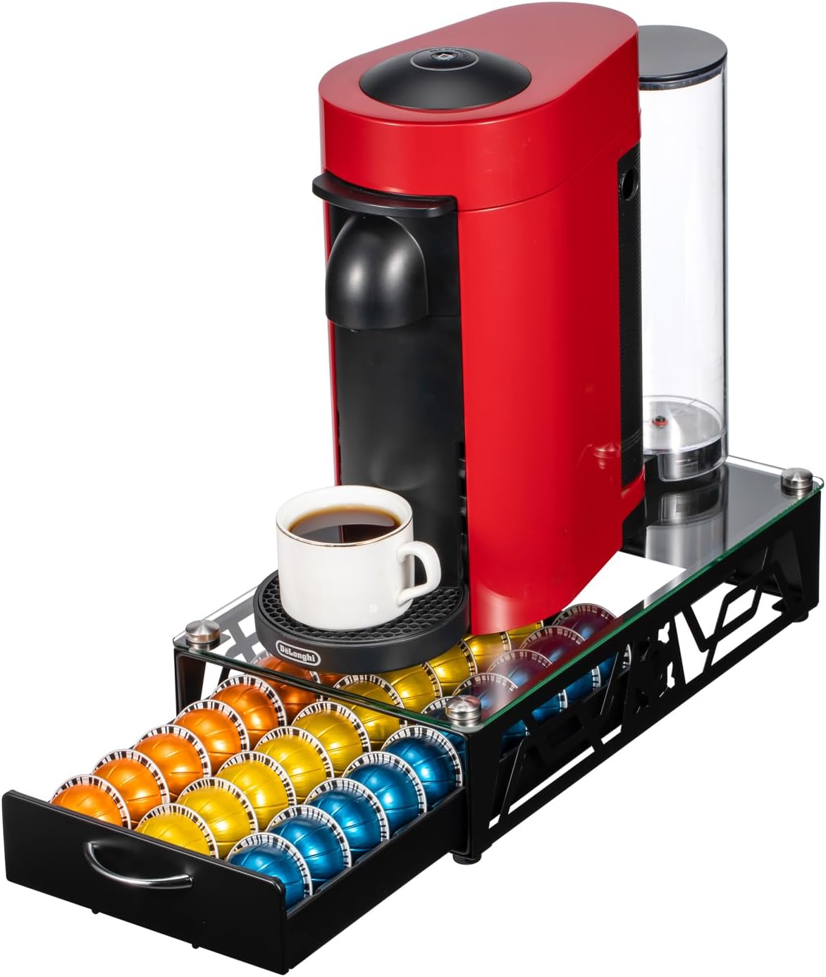 FlagShip Vertuo Pod Drawer Glass Top Coffee Capsule Organizer & Space-Saving for Nespresso Pod Holder Coffee Machine Stand(30 Vertuo Pods Capacity)