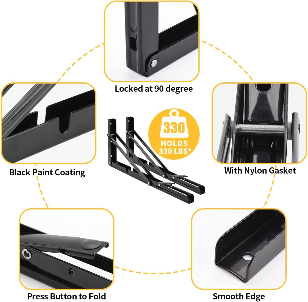 YUMORE Folding Shelf Bracket Heavy Duty, 12 Inch Collapsible Shelf Bracket, Black DIY L Bracket for Workbench Folding Table Hinge, Max Load: 330lbs, 2 Pack