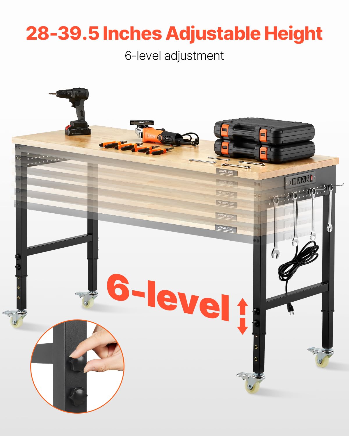 VEVOR Adjustable Workbench, 60 Inch Work Bench with Power Outlet, Wheels, and Pegboard, 2000 lbs Load Heavy Duty Oak Wood Top Work Table for Garage, Workshop, Office, and Home