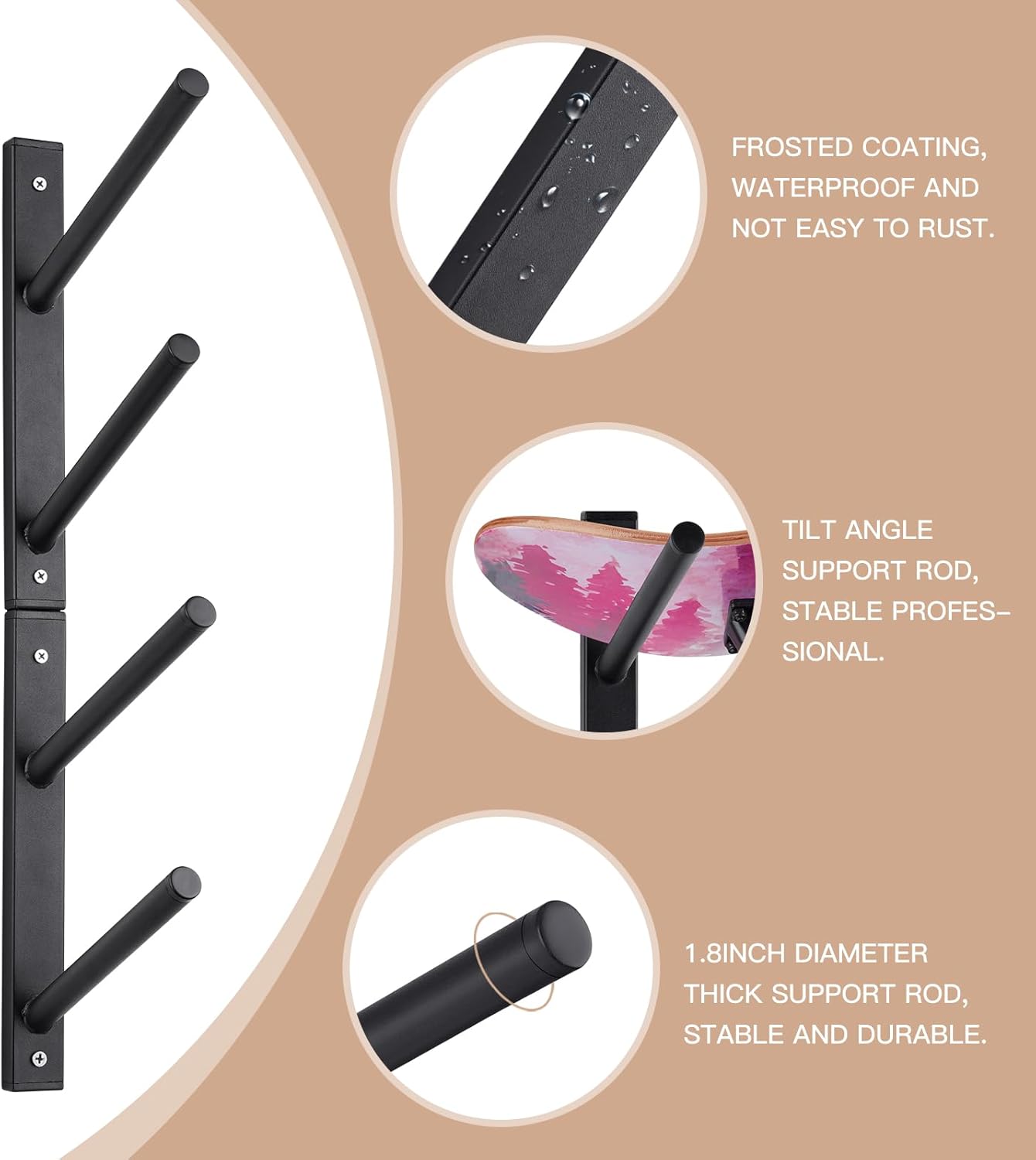 BiJun Skateboard Wall Mount, Snowboard Wall Mount Display, Horizontal Ski Wall Rack, Skateboard Rack Storage Holder Longboard Hanger