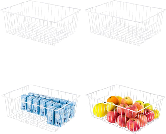 Upright Freezer Organizer Bins， Freezer Baskets for 16, 17, 21 cu.ft Standup Freezer, Wire Storage Baskets with Built-in Handles for Frozen Foods, Snacks, Vegetables, Fruits and More, Set of 4 , White