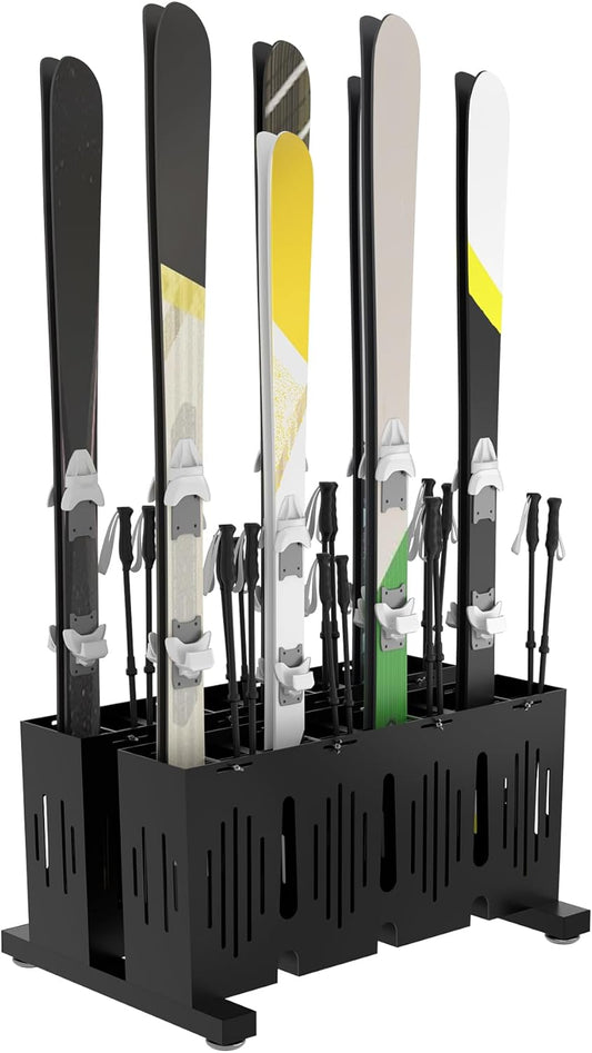 8-Pair Ski Storage Rack w/Width-Adjustable Fixing Bars, Heavy Duty Metal Freestanding Ski Rack - Ideal Organizer for Garage, Home and Store, 26" L ×18.1" W ×13.6" H