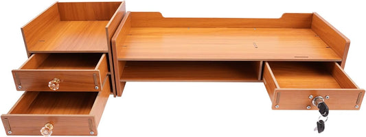 Wood Monitor Stand With Drawers,Desk Organizer With Lockable Drawer & Phone Holder, Computer Monitor Riser Stand With Storage Shelf,Multi-Purpose Desktop Storage Stand For Computer, Laptop, Printer