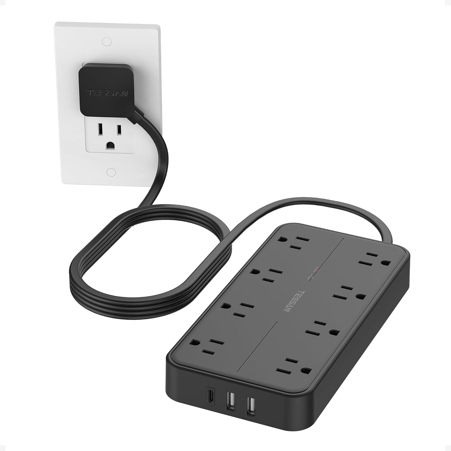 2000J Surge Protector Power Strip, TESSAN 5 FT Extension Cord with Multiple Outlets Flat Plug, 3 USB (1 USB C) and 8 AC Outlets, Wall Mount USB Charging Station for Home Office Supplies, Black
