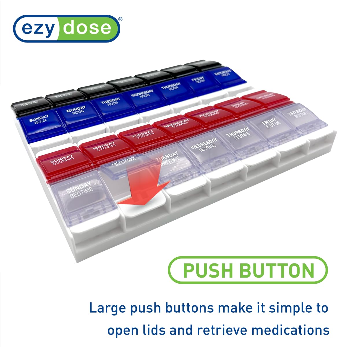 EZY DOSE Weekly (7-Day) Pill Organizer, Vitamin Container, and Daily Medicine Planner, 2X-Large Push Button Compartments, Arthritis Friendly, Easy to Use, 4 Times a Day, Color-Coded Lids, BPA Free