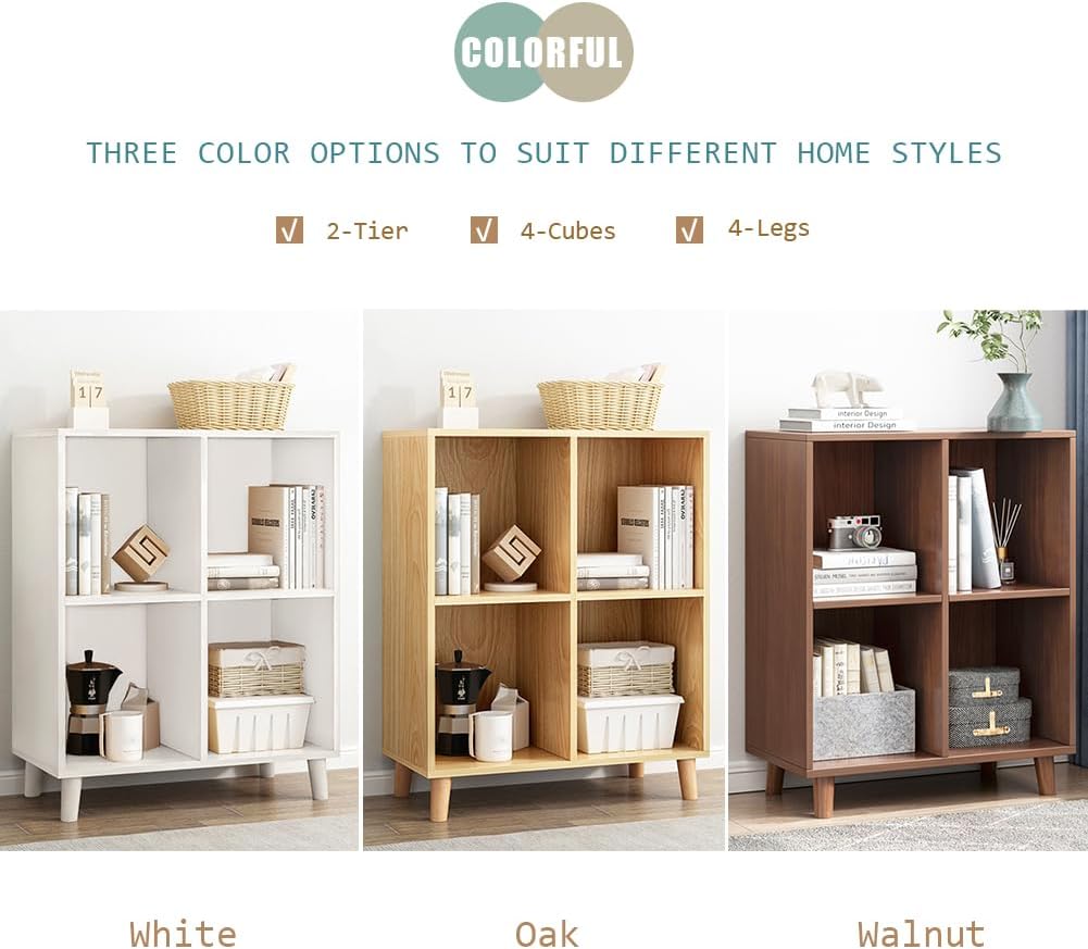 IOTXY Freestanding Open Cubes Bookcase - 2-Tier Floor Standing Wooden Storage Display Cabinet Organizer with Legs for Home Office, 4-Cubes Open Shelf Low Short Bookshelf, Walnut