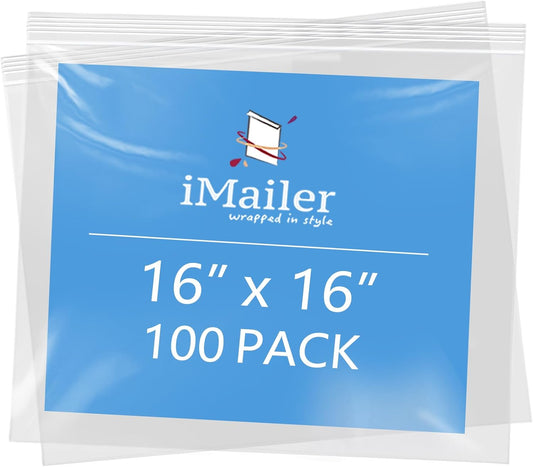iMailer- 16" x 16" 100 Pack- 2 Mil Resealable Zip Bags- Clear Plastic Bags with Zip Top Lock for Storage, Organizing, Crafts, Travel