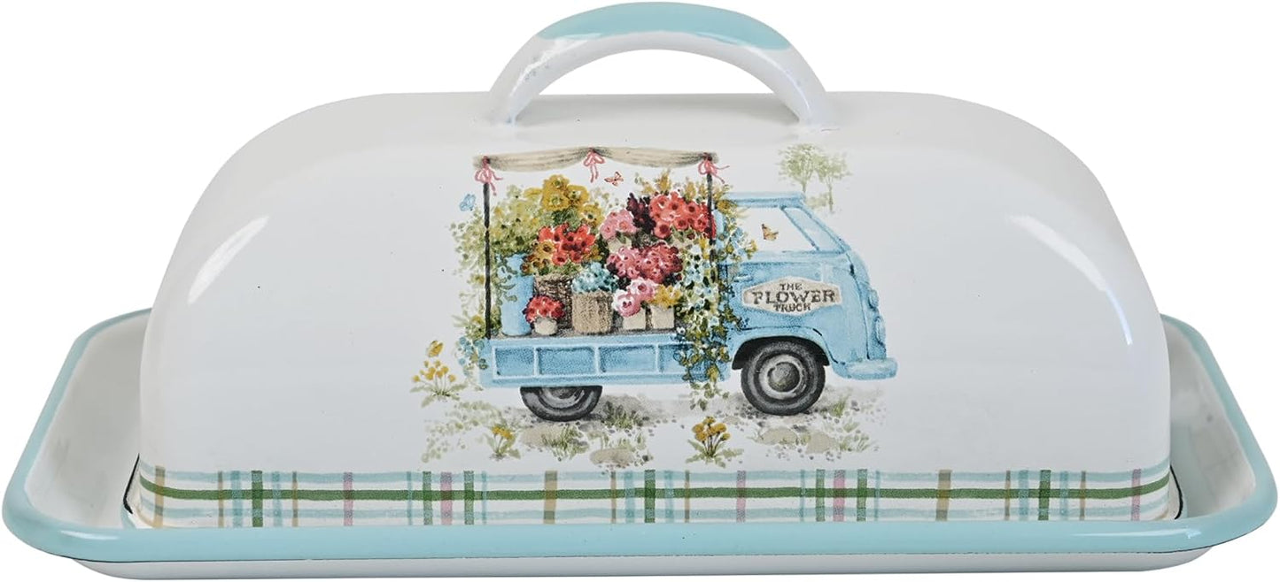 Enamel Butter Dish with Lid Vintage Enamelware Butter Keeper with Flower and Bird Patterns Farmhouse Butter Container Butter holder for Countertop Kitchen Decor (Lightblue)