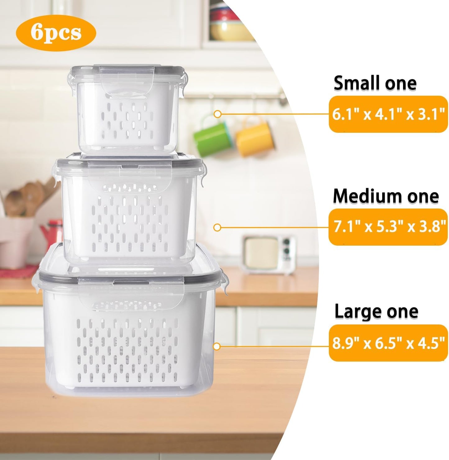 6 PCS Fruit Storage Containers for Fridge with Removable Colanders, Airtight Food Storage Container with Lids, Produce Saver, Leakproof Fridge Organizer Bins for Salad Berry Vegetables Keep Fresh