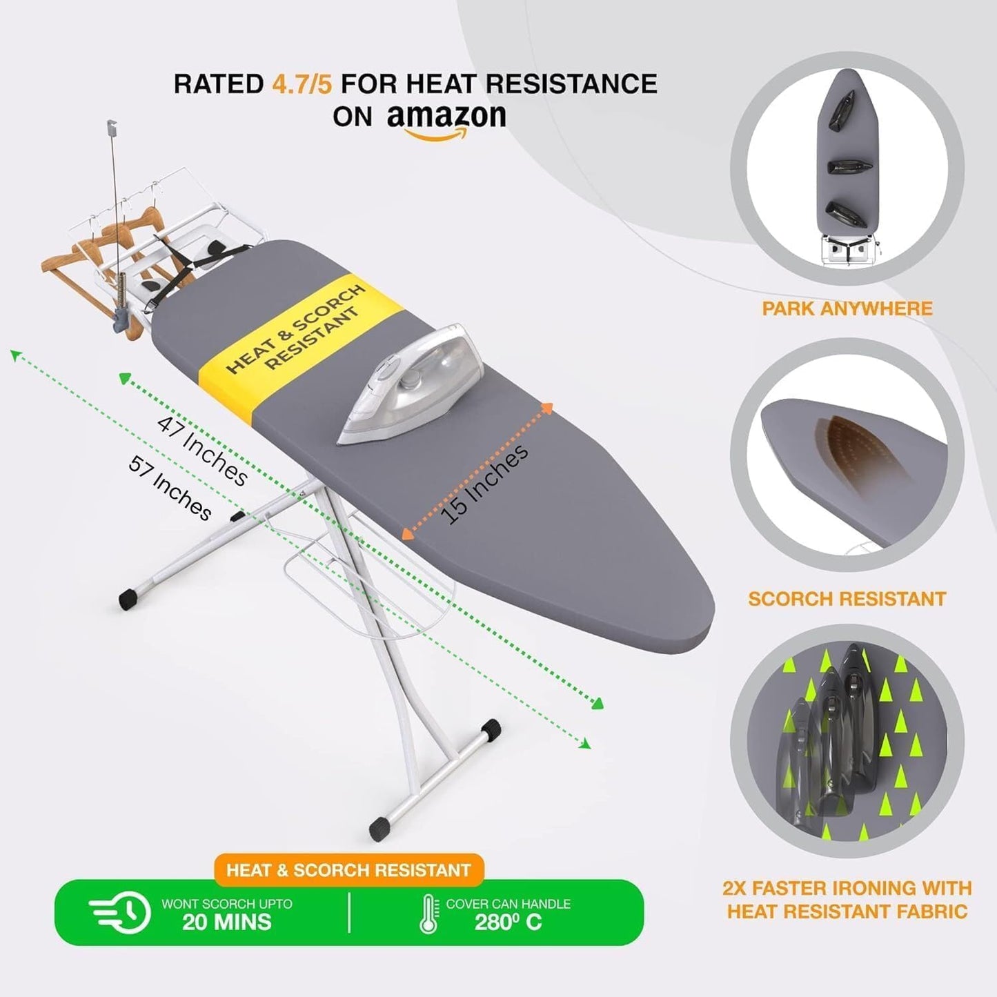Xabitat Full Size Ironing Board 57" X 15" with Wall Mount Hanger, Full Metal Construction Iron Board, Built in Iron Caddy, Heat & Scorch Resistant Fabric, Cord Holder, Anti-Skid Feet, Heavy Duty