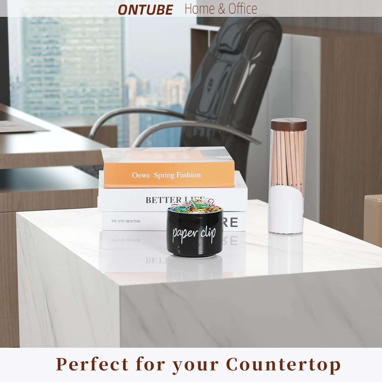 ONTUBE Farmhouse Paper Clip Holders,Ceramic Binder Clip Dispenser Organizer for Desk ,Cute Office Push Pins Holder (Black)