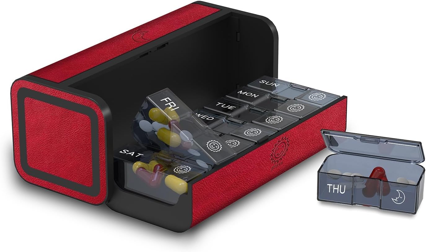 Pill Organizer 2 Times a Day, Am Pm Twice Daily Pill Case, Detachable Large Travel Pill Box 7 Day, Weekly Pill Container for Vitamin Medicine Supplement Fish Oil (Red)