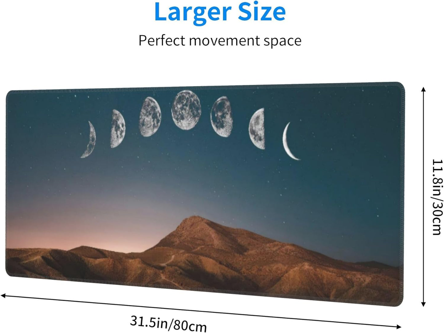 Dawn Moon Phase Large Mouse Pad, Mountains Gaming Desk Mat, XL Keyboard Desk Pad Mat for Desktop, 31.5"x11.8" Non-Slip Base Big Mousepad with Stitched Edges
