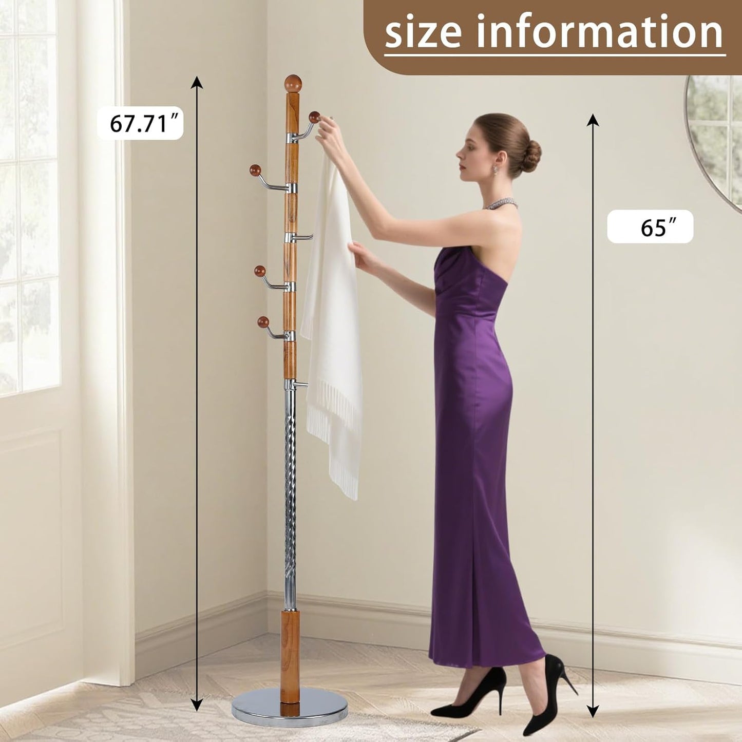 Solid Wooden Coat Rack Stand, Coat Racks Freestanding with 6 Hooks, Natural Birch Wood Coat stands with Sturdy Round Base, Tree Coat Hanger Standing for Entryway Bedroom Office (Walnut)