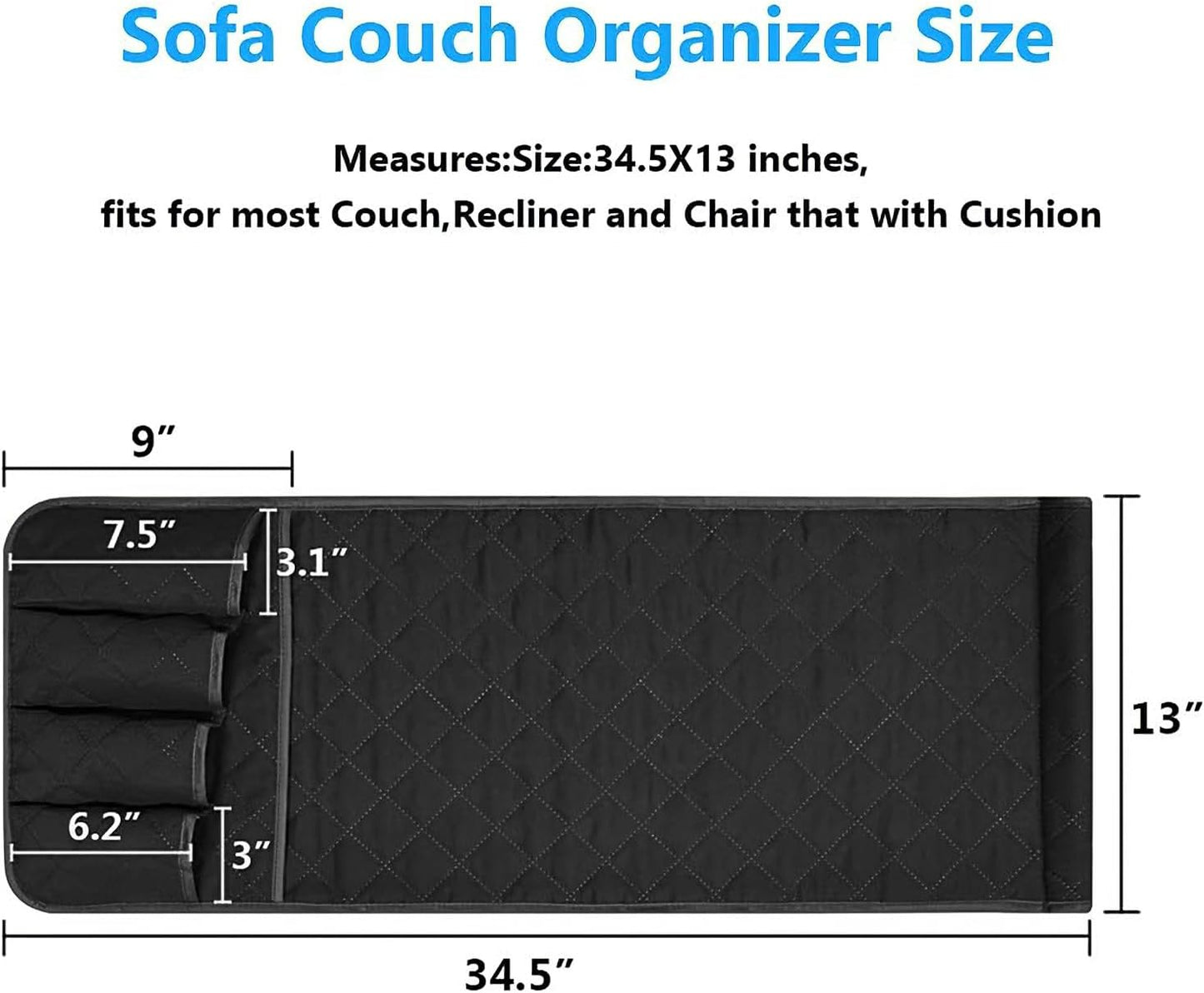 Sofa Armrest Organizer Non-Slip Arm Chair Bedside Caddy Storage Organizer for Recliner Couch with 5 Pockets for Cell Phone TV Remote Control Magazines (BLACK)